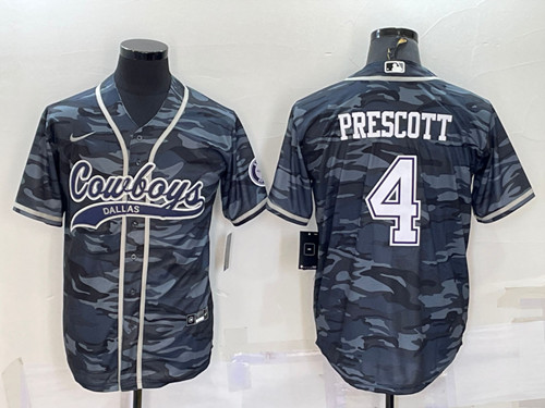 Men's Dallas Cowboys #4 Dak Prescott Gray Camo With Patch Cool Base Stitched Baseball Jersey